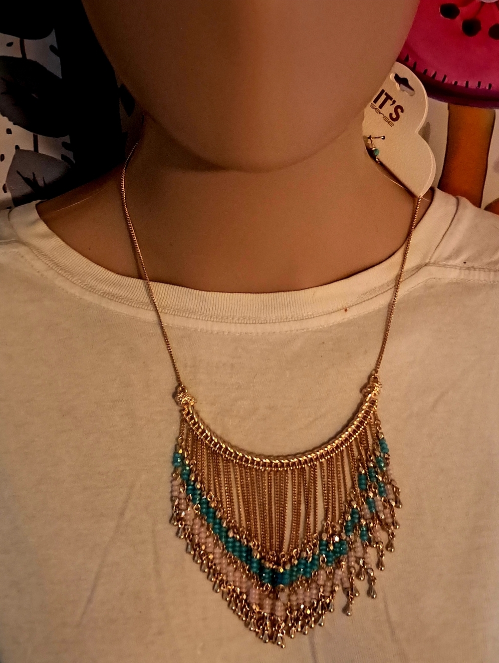 NWT Set Earrings & Gold Fringe Necklace w/ Turquoise & White Beads by It's Sense
